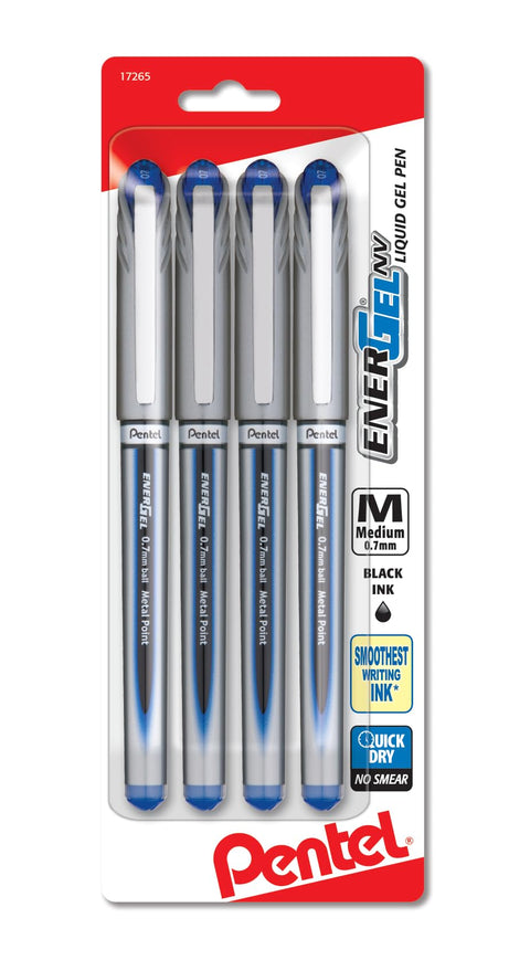 Pentel ENER-GEL NV Liquid Gel Pen, 0.7mm, Medium Line, Metal Tip, Blue Ink, 4 Pack (BL27BP4C)