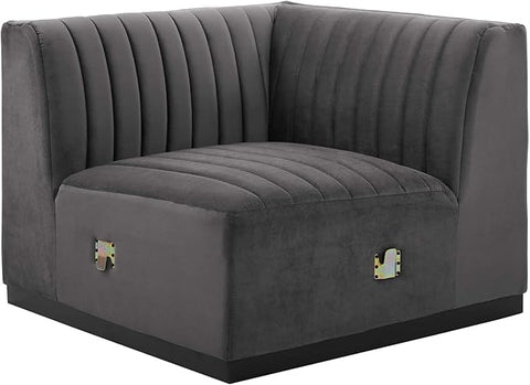 Modway Conjure Modern Channel Tufted Velvet Right Corner Chair in Gray