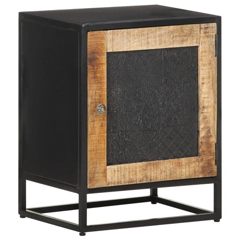 vidaXL Bohemian Bedside Cabinet - Iron Frame, Natural Finish Rough Mango Wood, Unique Hand Carved Pattern, Sturdy Nightstand/Side Table - 15.7"x11.8"x19.7" Dimensions
