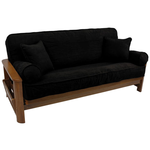 Blazing Needles Solid Microsuede Double Corded 8" to 9" Futon Cover Set with 4 Throw Pillows (Set of 5), Full, Black