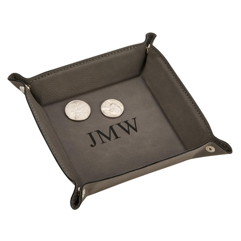 Creative Gifts International Gray Leatherette Snap Corner Square Travel Valet Tray, Keys and Coins Holder, 5" x 5", Gift for Men