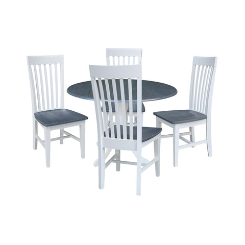 IC INTERNATIONAL CONCEPTS 42 in. Drop Leaf Wood Dining Table with 4 Slat Back Chairs in White/Heather Gray