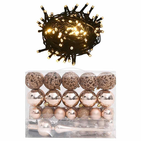vidaXL 61 Piece Christmas Ball Ornaments, Shatterproof Xmas Tree Decorations with 150 LED Lights, Decorative Hanging Balls for Xmas Holiday Party Decor, Rose Gold