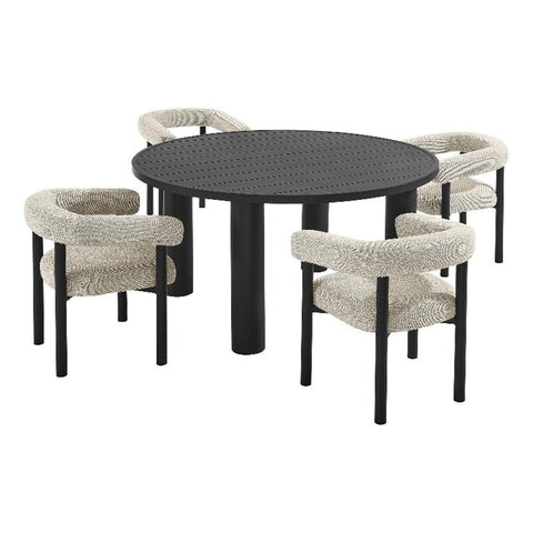 Modway Nautica 5-Piece Outdoor Round Dining Set in Ivory Graphite – Aluminum Patio Table and Chairs for 4 – Deck Table and Chairs - Small Outdoor Dining Set with Upholstered Curved Back Armchairs