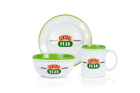 Friends Central Perk Coffee House Themed Dinnerware Dining Set | Official Friends Collectible Ceramic Display | Includes Plate, Bowl, And Mug | 3-Piece Set