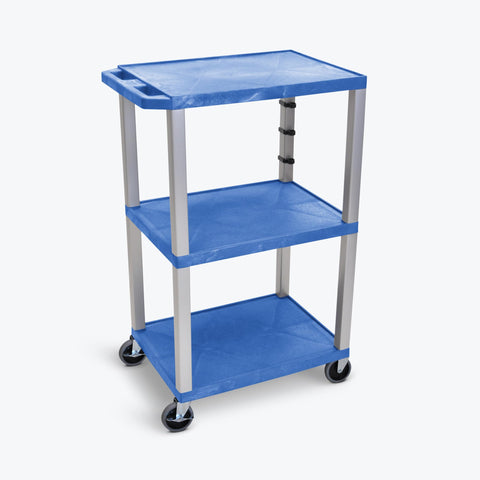 LUXOR UCPL1BUE-N 42"H 3-Shelf Utility Cart - Electric, Blue Shelves, Nickel Legs