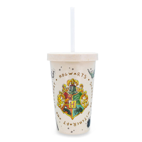 Harry Potter Hogwarts Wooden Bamboo Travel Tumbler Cup With Lid and Reusable Straw | Holds 20 Ounces