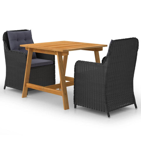vidaXL Modern 3 Piece Garden Dining Set with Black Cushions, Weather Resistant Acacia Wood and Poly Rattan, Perfect for Indoor or Outdoor Use, Square Table and Chairs, Two Furniture for Patio or Balco