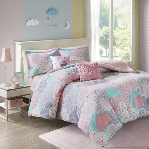 Oakestry Nestle in Clouds Unicorn Comforter Set for Kids Teens with Comforter Pillow Shams Flat Sheet Fitted Sheet and Decorative Pillow, Twin/Twin XL, Pink