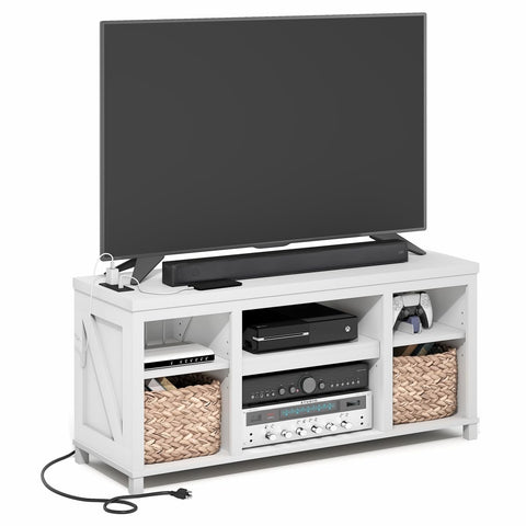 Furinno Farmhouse TV Stand, Entertainment Center, TV Console for TV up to 55 Inch with USB Ports & Power Outlets and Storage, for Living Room, Bedroom, White