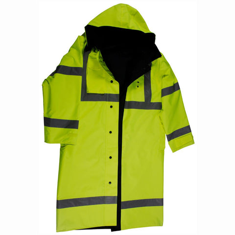 Petra Roc LRC-48RV-C3-L 48" Rain Coat Waterproof, Reversible Lime/Black, ANSI Class 3, w/Detachable Hood & Side Slits, L