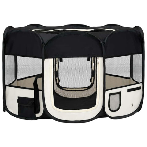 vidaXL Foldable Dog Playpen - Portable, Mesh Netting for Ventilation, Zipper Doors, Side Pockets, Durable Steel Frame, Black and Cream