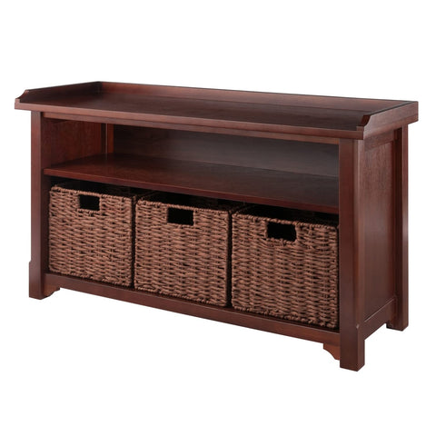 Winsome Wood Milan 4-Pc Storage Bench with 3 Foldable Woven Baskets - Walnut
