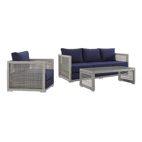 Modway Aura Outdoor Patio Wicker Rattan, Sofa, Armchair and Coffee Table, Gray Navy