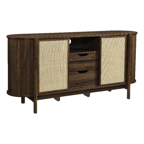 Modway Reid 63 Inch Curved Sideboard in Walnut - Mid-Century Modern Rattan Storage Cabinet with Sliding Doors and Drawers - High TV Stand or Buffet Accent Table for Living Room, Dining Room