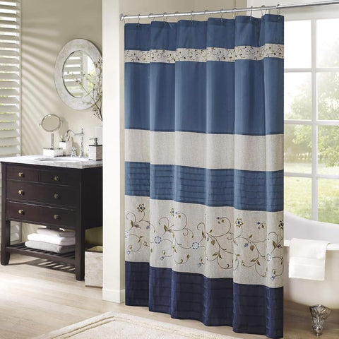 Oakestry Serene Shower Curtain Faux Silk Embroidered Floral Print Modern Microfiber Light-Filtering Bath Curtains Machine Washable, 72 X 72 Inch, Navy