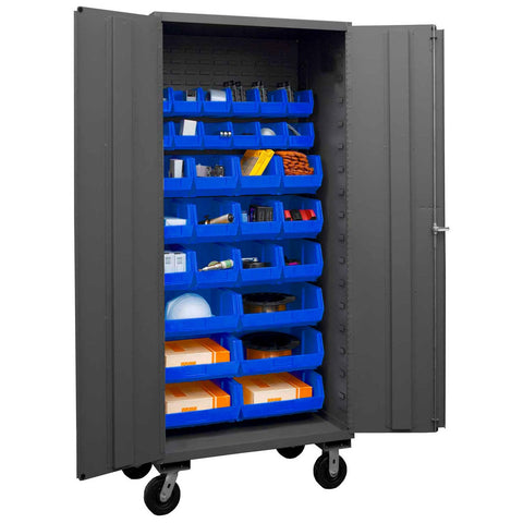 Durham 3501M-BLP-30-5295 Lockable Mobile Cabinet with 30 Blue Hook-On Bins, Flush Door Style, 36" Wide, 14 Gauge, Gray