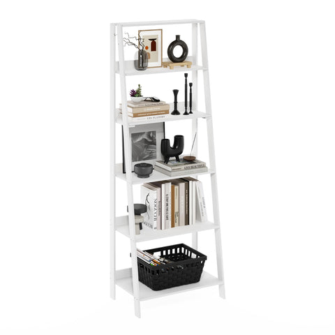 Furinno Ladder Book Shelf, 6-Tier Ladder Shelf, Open Design Bookshelf, Display Storage Bookcase, 14.8" x 23.6" x 66.2", Living Room, Home Office, White