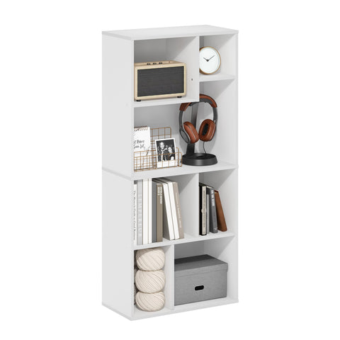 Furinno DALY Book Shelf, 7-Cube Bookshelf, Cube Storage Organizer Bookcase with Irregular Compartments, 9.4 x 18.9 x 42.1, for Living Room, Bedroom, Home Office, White
