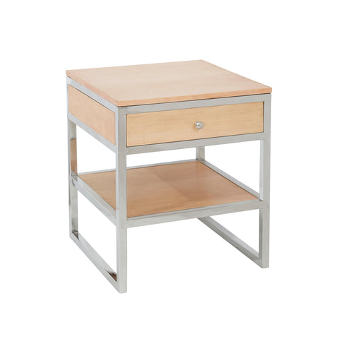 Pasargad Home Haven Modern Wood & Stainless Steel Side Table with Drawer and Open Shelf, Natural Finish & Silver Frame