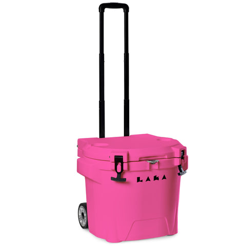 Laka Cooler with Wheels – 30QT Rotomolded Insulated Rolling Hard Cooler, Telescoping Handle, Holds 24 Cans + Ice, Up to 7 Days Cold, Drain Plug, Cup Holders + Bottle Opener, Beach/Camping/Boat | Pink