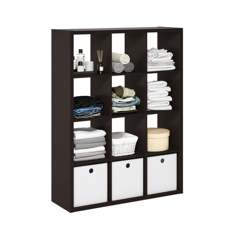 Furinno Cubicle Book Shelf, 12-Cube Bookshelf, Extra Thick Frame Reversible Bookcase with Open Back, 14.6" x 44" x 58", for Living Room, Bedroom, Home Office, Black Dark Oak