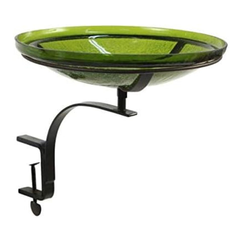 Oakestry Teal Crackle Bowl Fourteen Inch Decorative Glass Feeder Dish Rail Mount Outdoor Garden Balcony Bird Accessory