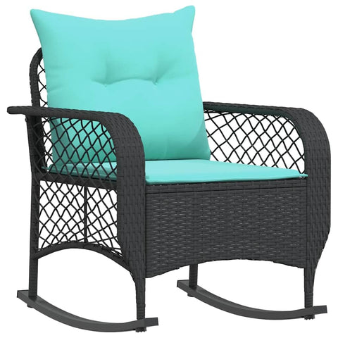 vidaXL Black Poly Rattan Garden Rocking Chair with Cushions All Weather Seating Powder Coated Steel Frame Removable Covers Comfortable Outdoor Lounge Furniture Patio Chairs Cushioned Rocker