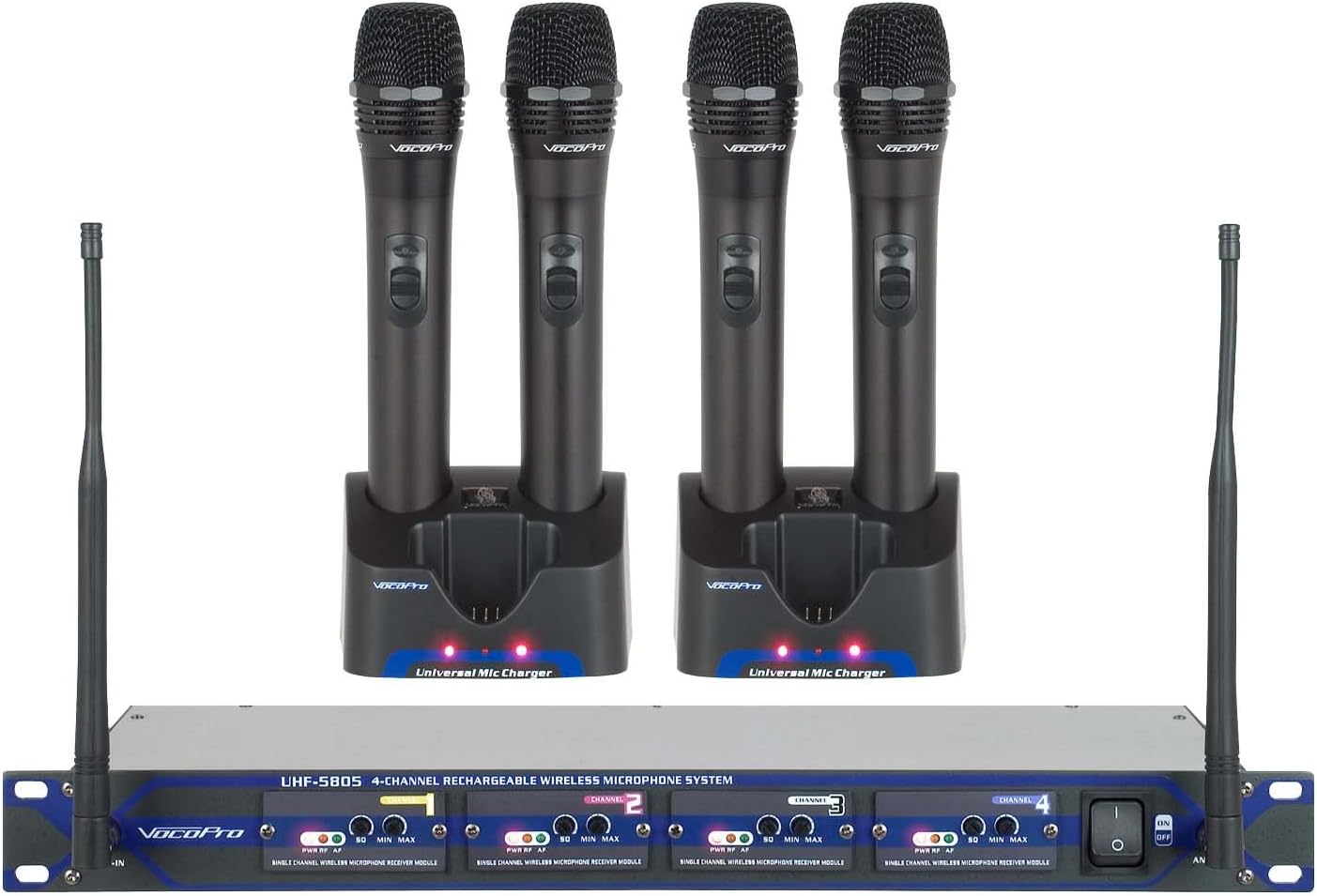 VocoPro UHF580510 Professional Rechargeable 4-Channel UHF Wireless Microphone System