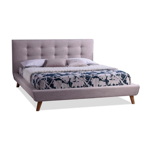 Full Size Beige Linen Upholstered Platform Bed with Button Tufted Headboard