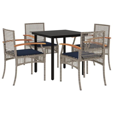 vidaXL 5 Piece Gray Poly Rattan Patio Dining Set with Cushions - Outdoor Garden Furniture, Tempered Glass Top, Powder-Coated Steel Frame