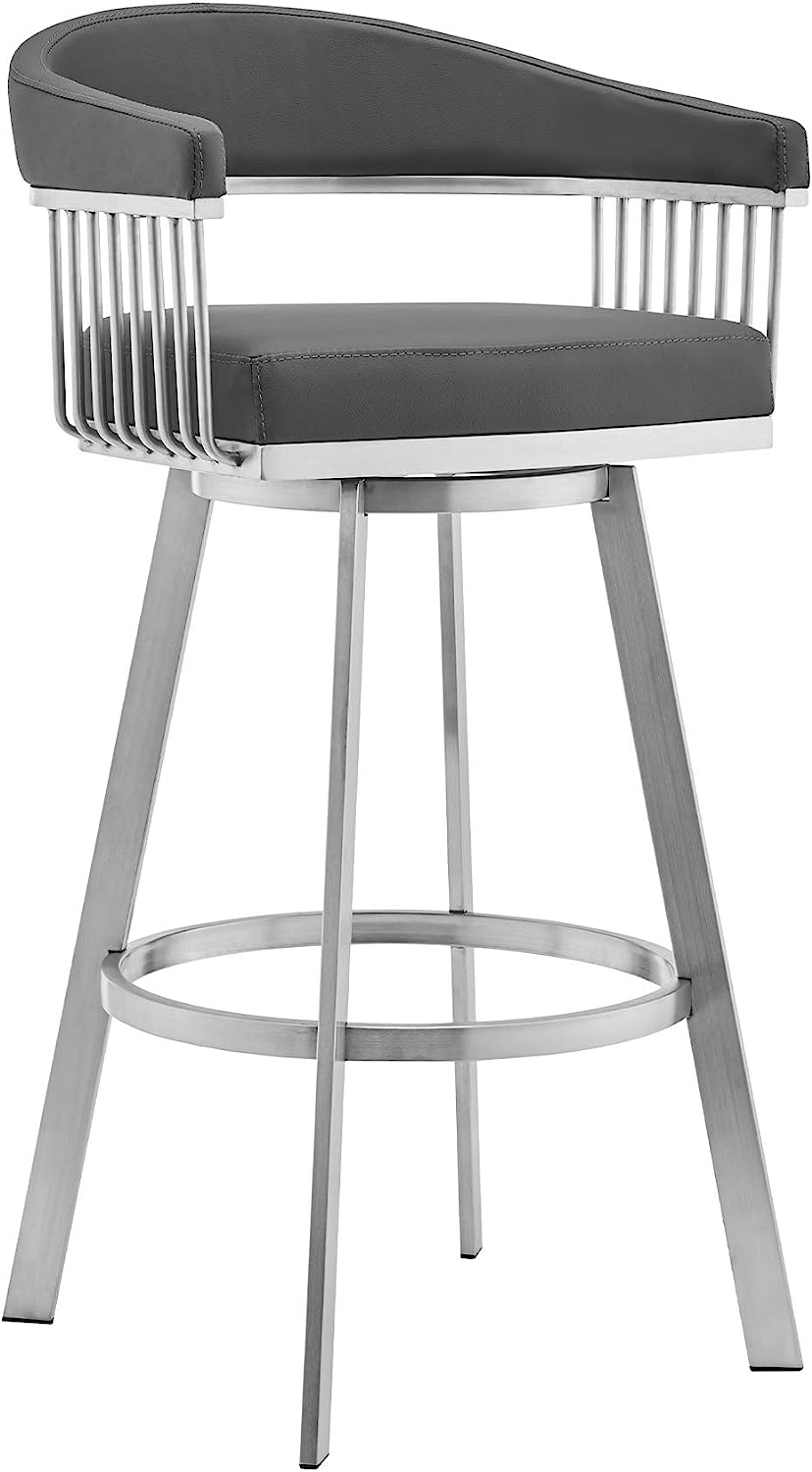 Bronson 30Inch Gray Faux Leather and Brushed Stainless Steel Swivel Bar Stool