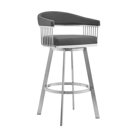 Armen Living Chelsea 25" Gray Faux Leather and Brushed Stainless Steel Swivel Bar Stool