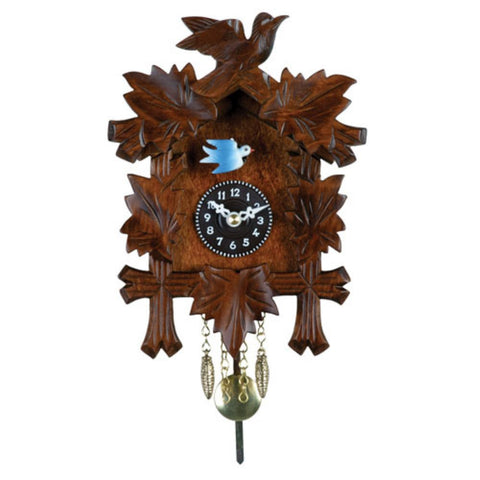 River City Clocks 7" Quartz Novelty Five Leaves & One Moving Blue Bird Wall Clock, Brown