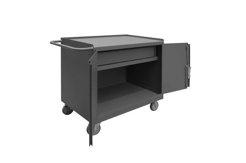 Mobile Bench Cabinet With 5 Inch X 1-1/4 Inch Polyurethane Casters (2) Rigid And (2) Swivel 1 Shelf 1 Drawer And 2 Door Steel Top Work Surface With Tubular Push Handle Gray