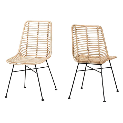 Baxton Studio Manhattan Natural Brown Rattan and Black Metal Dining Chair