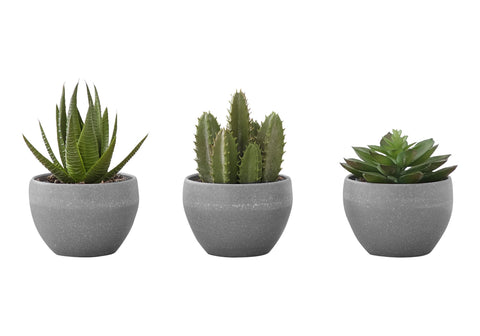 Monarch Specialties I 9587 Artificial Plant, 6" Tall, Succulent, Indoor, Faux, Fake, Table, Greenery, Potted, Set of 3, Decorative, Green Plants