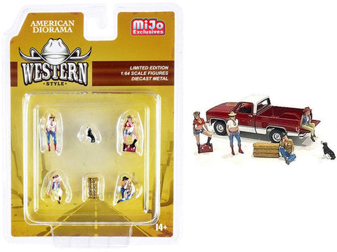 Western Style 6 Piece Diecast Set (4 Figurines and 2 Accessories) for 1/64 Scale Models by American Diorama 76485