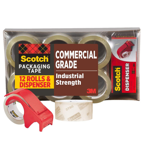 Scotch Commercial Grade Shipping Packaging Tape, 1.88" x 54.6 yd, for Tough, Industrial Use, 12 Rolls w/Dispenser (3750-12-DP3)
