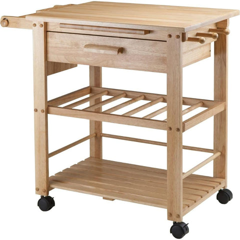 Oakestry Finland Natural Wood Kitchen Cart Featuring Pullout Cutting Board Integrated Knife Block Paper Towel Holder Towel Pegs and Wine Rack Compact Design with Locking Casters for Easy Mobility