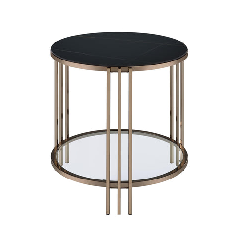 Acme Abisha Metal/Glass End Table with Stone Top in Black/Champagne Gold