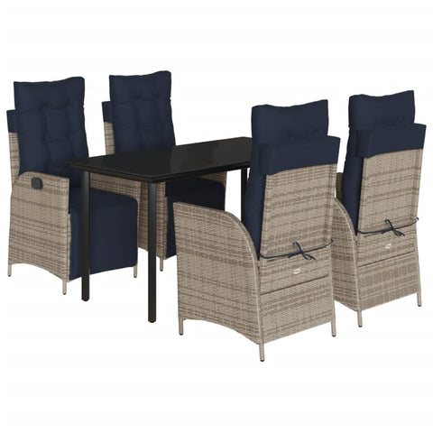 vidaXL 5-Piece Outdoor Dining Set with Adjustable PE Rattan Chairs and Tempered Glass Table - Gray/Navy Blue