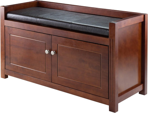 Oakestry Charleston 2-Piece Storage Bench with Faux Leather Seat Cushion, Solid & Composite Wood, Dual Cabinet Storage, Walnut/Espresso Finish