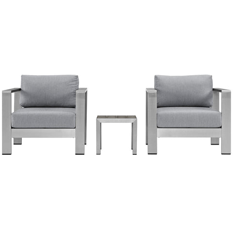 Modway Shore 3-Piece Aluminum Outdoor Patio Furniture Set in Silver Gray