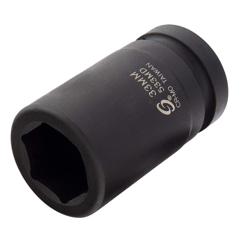 SUNEX TOOLS 533MD, 1 Inch Drive, 33mm Deep Impact Socket, Cr-Mo Steel, Radius Corner Design, Chamfered Opening, Dual Size Markings