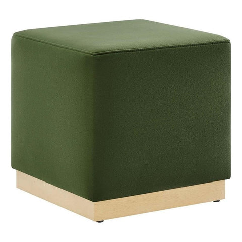 Modway Tilden 17 Inch Square Performance Velvet Upholstered Ottoman in Moss Green Natural - Small Ottoman Foot Rest with Rubberwood Plinth Base - Living Room Ottoman Side Table,