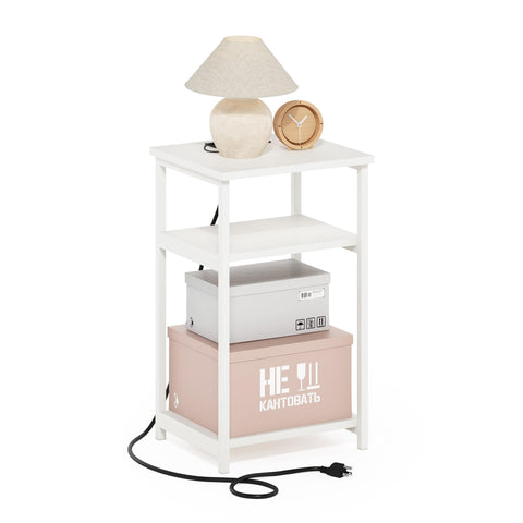 Furinno Moretti Side Table, 3-Tier Metal Frame End Table with Charging Station, Night Stand, Bedside Table with USB and Type-C Charging Port, for Living Room, Bedroom, White