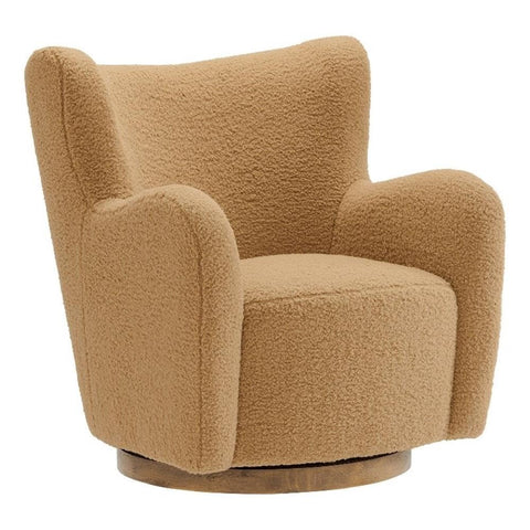 Modway Montrose Swivel Wingback Accent Chair in Camel Walnut Sherpa Teddy Fabric – Modern Furry Barrel Chair with 360-Degree Swivel Base – Soft and Comfy Living Room Chair