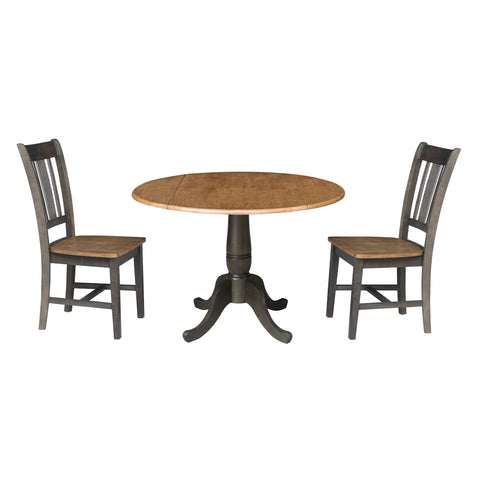 IC INTERNATIONAL CONCEPTS Wood 42 in. Round Drop Leaf Dining Table with 2 Chairs in Hickory/Washed Coal