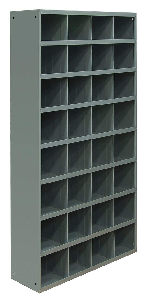 Durham 725-95 Cold Rolled Steel Opening Parts Tall Bin Cabinet with Slope Shelf Design, 12" Length x 33-3/4" Width x 64-1/2" Height, 32 Opening Bins, Gray Powder Coated Finish